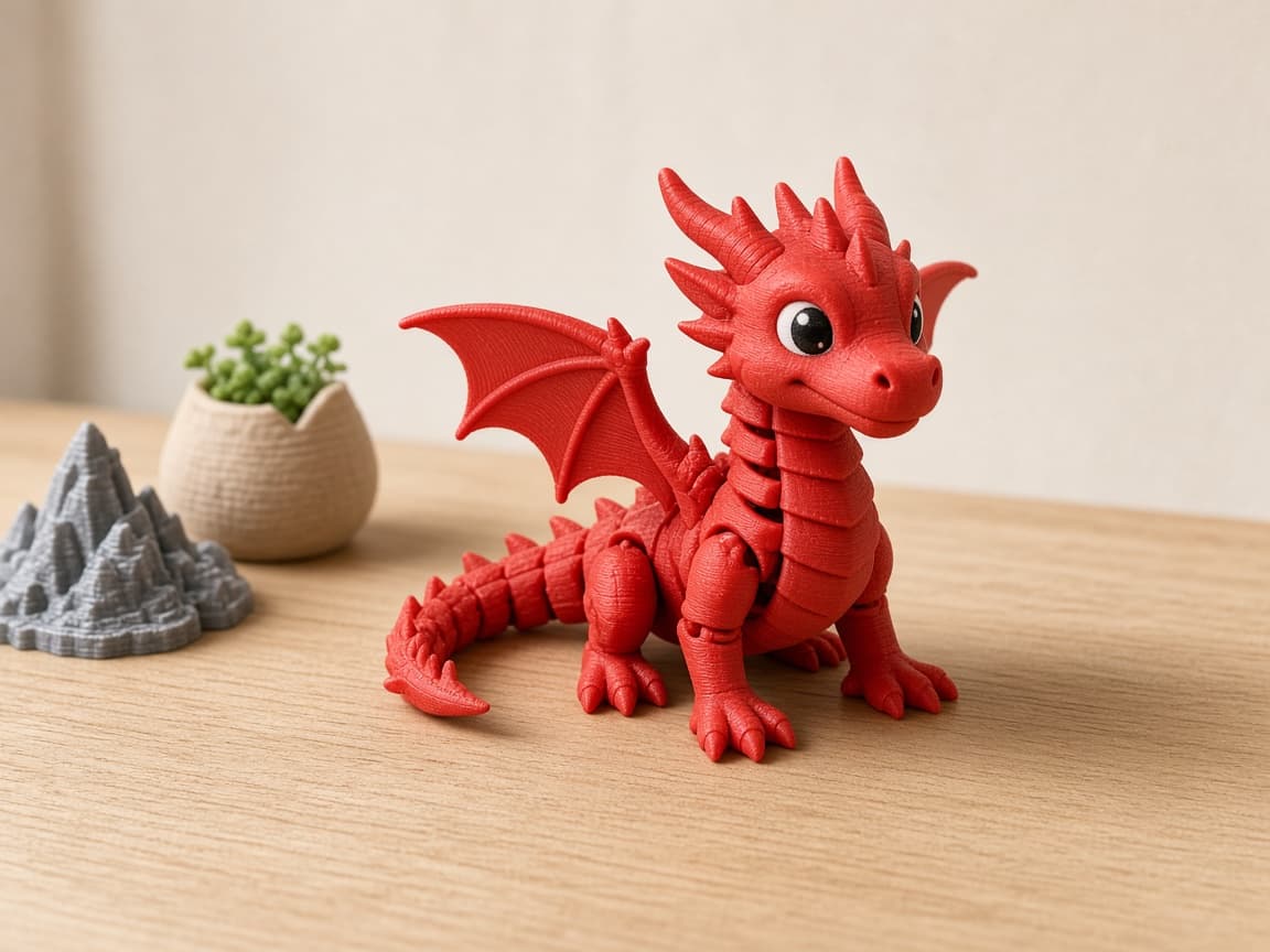 Lille 3D-printet drage i rød plast med tydelige printlag, på et lyst træbord.
