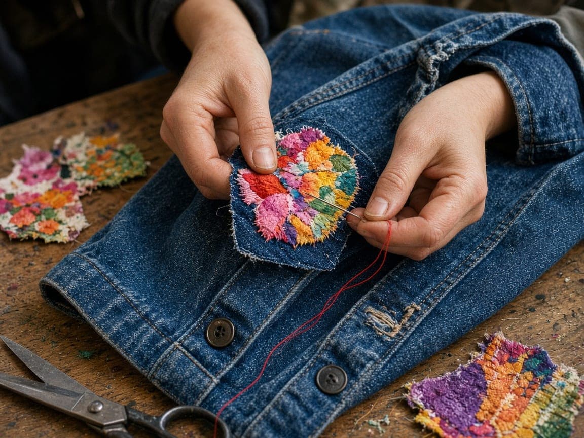 Denimjakke med farverige påsyede patches og mærker.