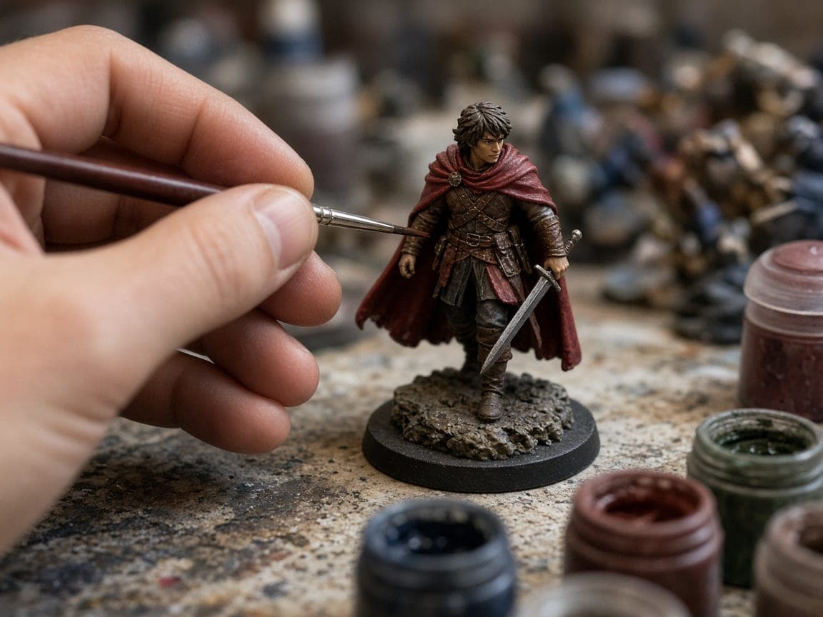 Lille bemalet bordrollespils-figur på en malemåtte.