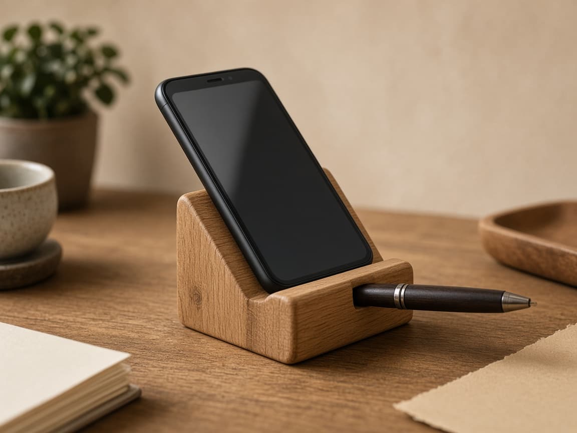 Lille håndlavet holder i lyst egetræ til telefon og pen på et skrivebord.