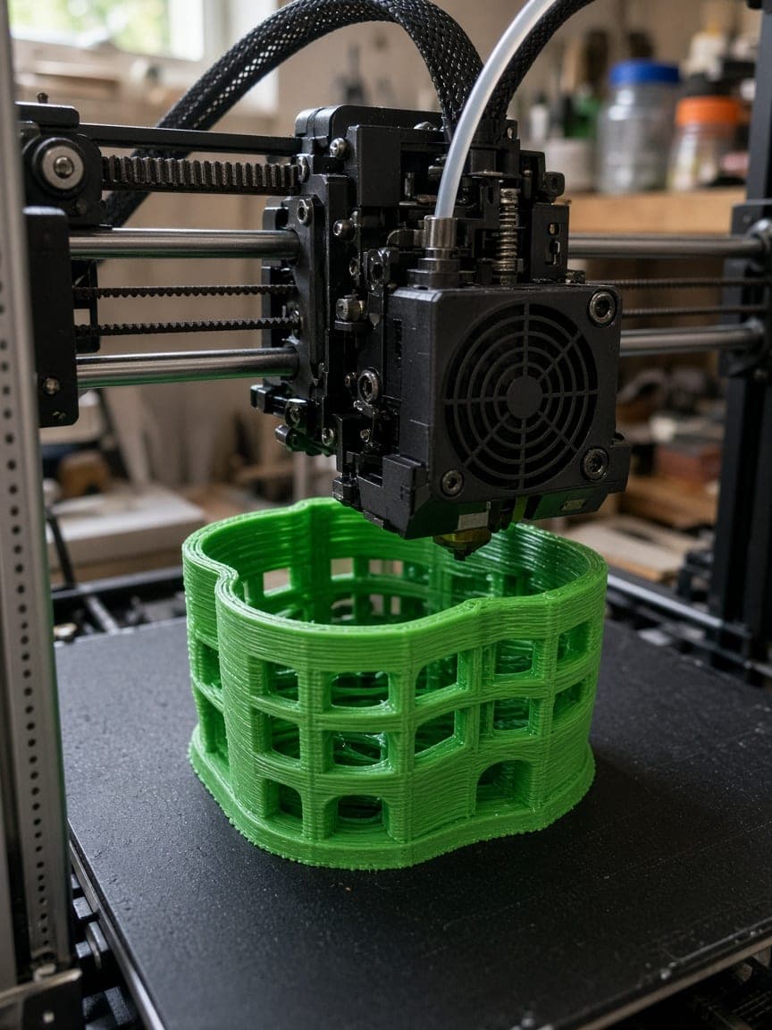 Desktop-3D-printer der printer et lysegrønt objekt lag for lag.