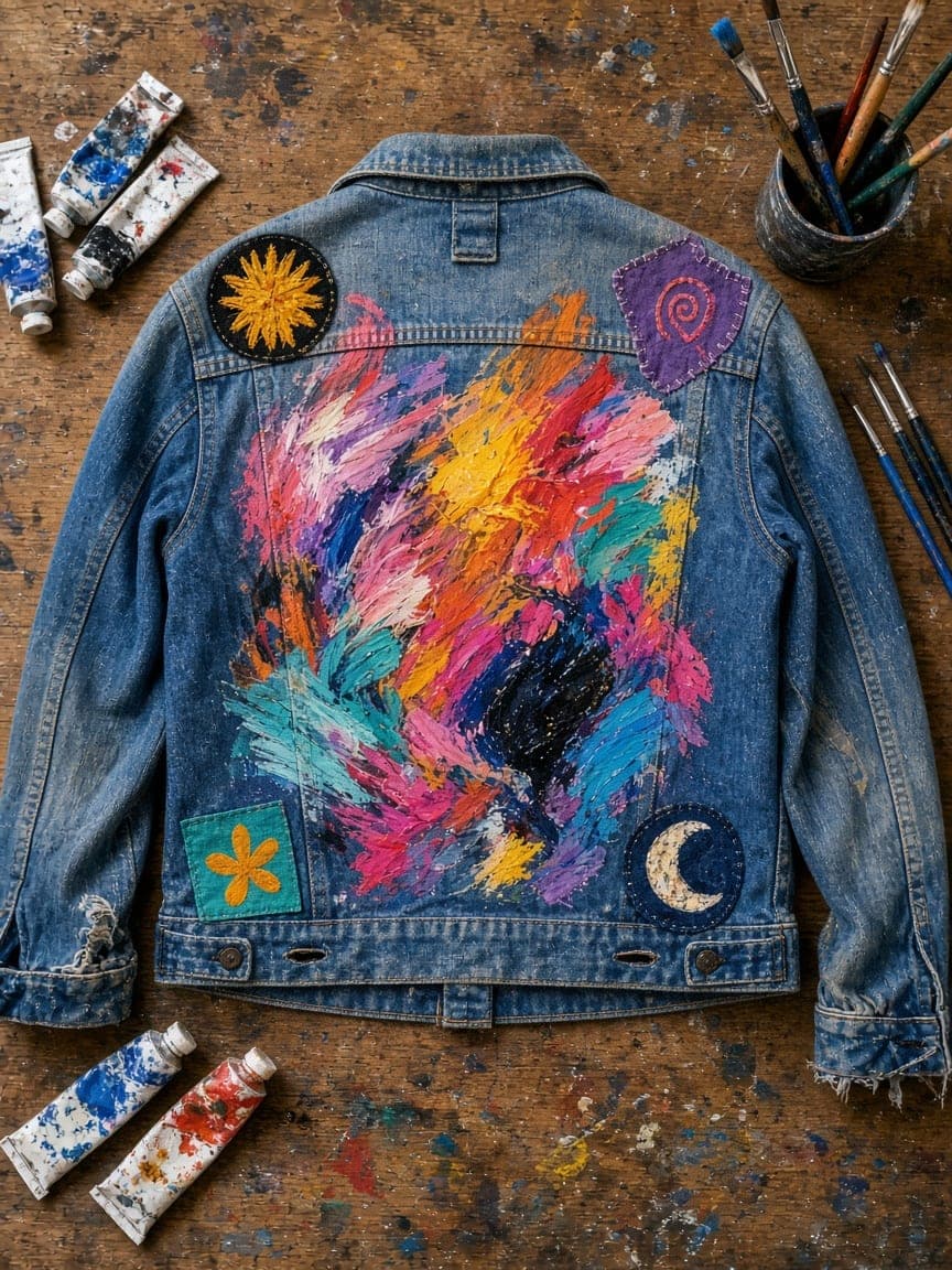 Denimjakke med håndmalet, farverigt motiv og påsyede patches.