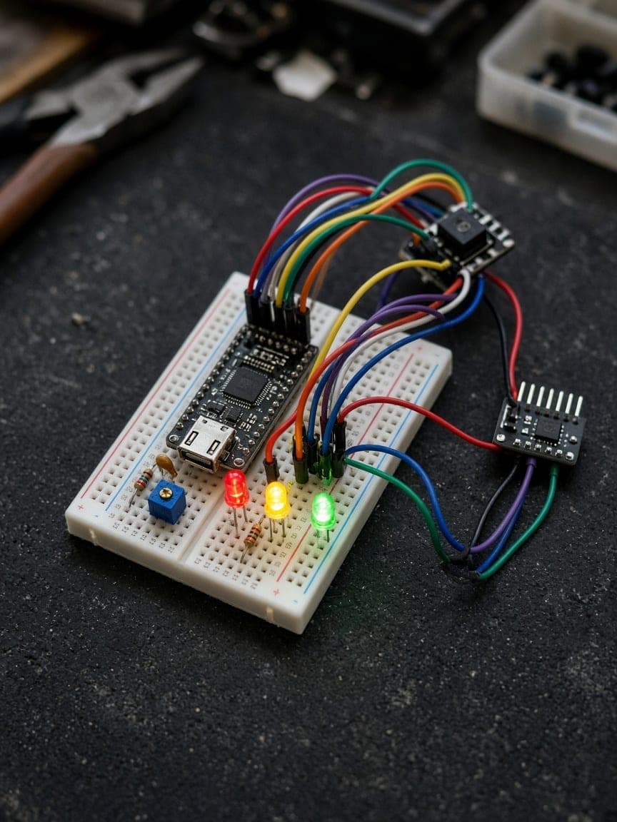 Breadboard med mikrocontroller, farverige ledninger og lysende LED'er.