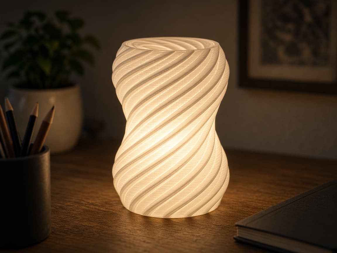 3D-printet spiral-lampeskærm i lyst, gennemskinneligt plast, der lyser blødt på et bord.
