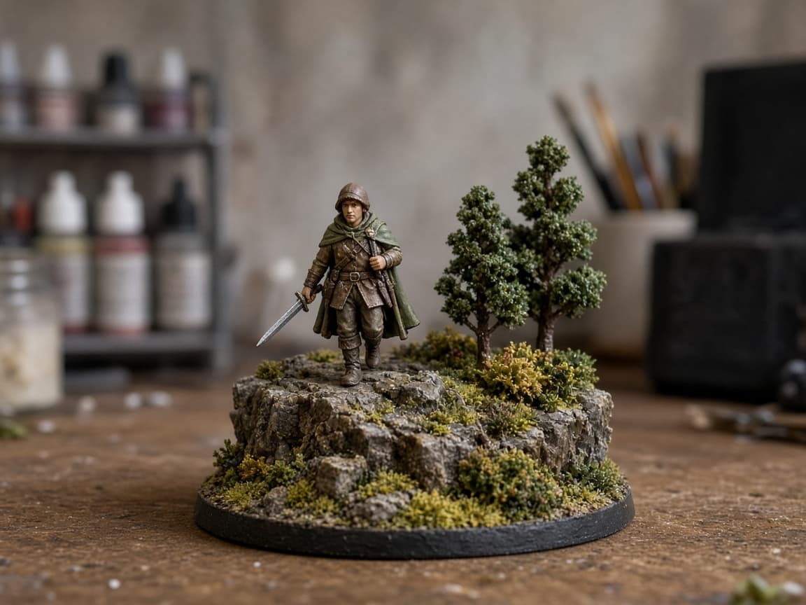 Lille diorama med en bemalet figur på en mosbeklædt klippe med miniaturetræer.