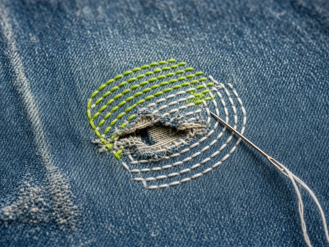 Nærbillede af synlig reparation på jeans med limegrønne og hvide sting hen over et hul.