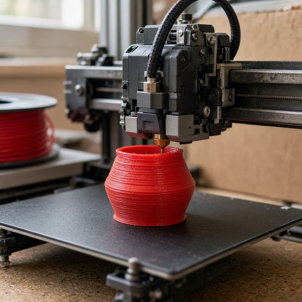 Nærbillede af printerdysen der lægger tynde lag rødt filament, med en rulle rødt filament ved siden af.