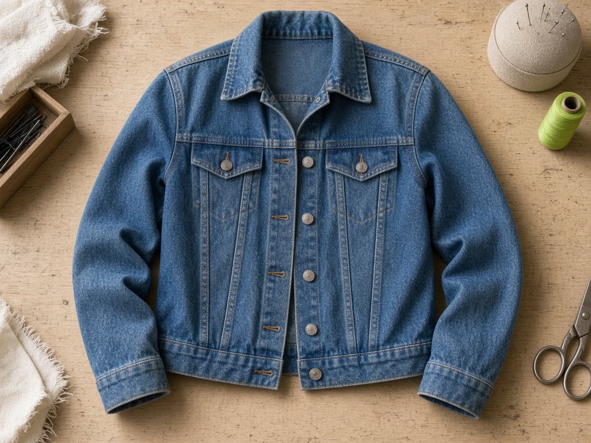 Almindelig blå denimjakke lagt fladt ud før tilpasning, med synål og limegrønt trådspolerne ved siden af.