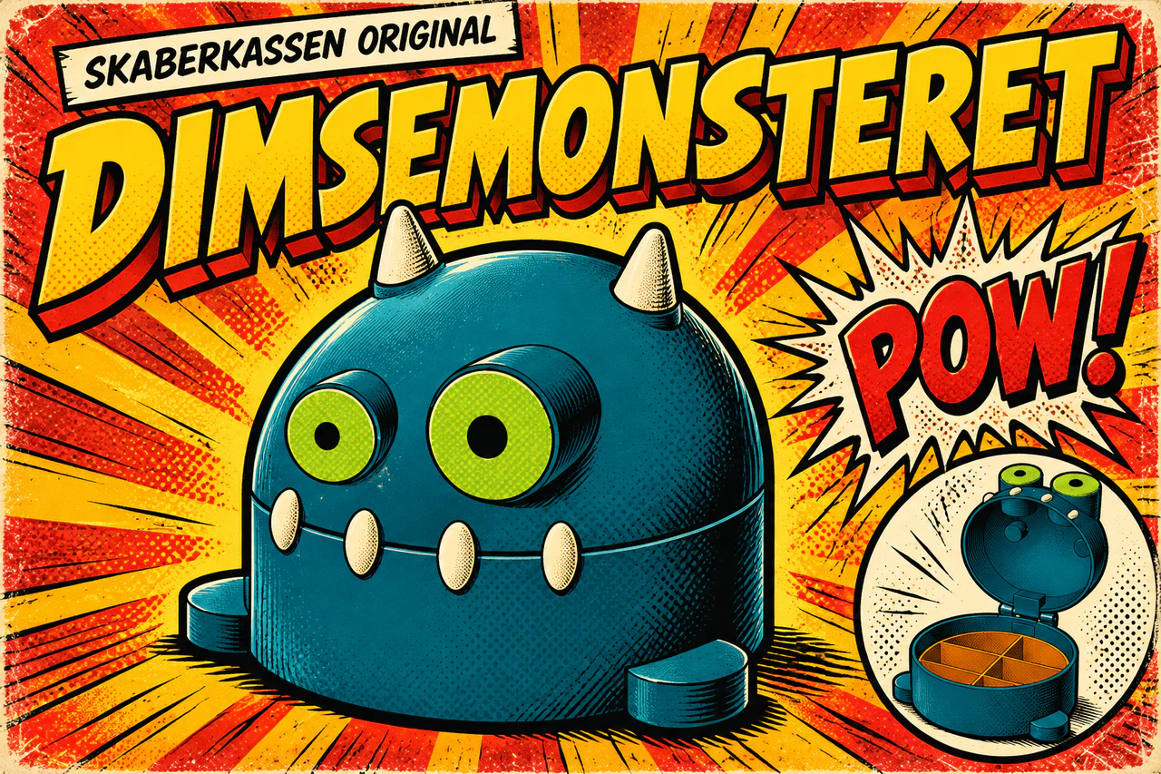 Tegneserieomslag til Dimsemonsteret: en blå monsteræske med horn, store grønne øjne og tænder. En illustration, ikke et foto.